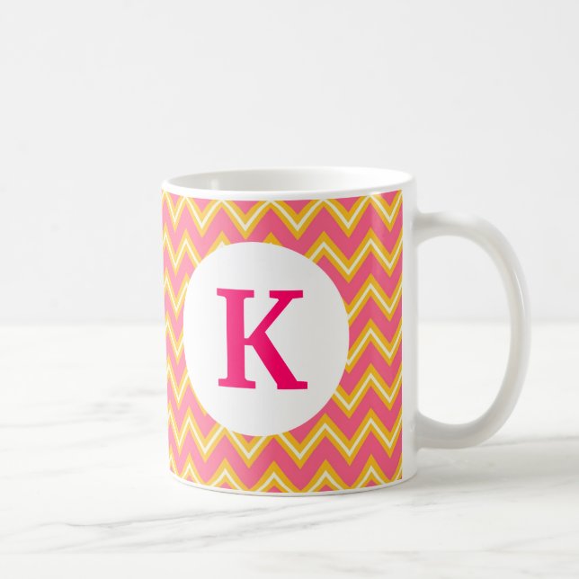 Monogram Custom Printed Coffee Mug Pink Chevron (Right)