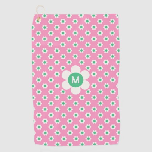 Monogram Custom Retro Daisies Pink and Green Golf  Golf Towel