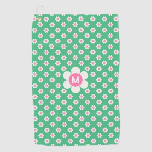 Monogram Custom Retro Daisies Pink and Green Golf Towel