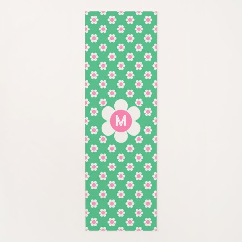 Monogram Custom Retro Daisies Pink and Green Yoga Mat