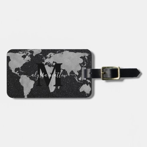 Monogram Custom World Map Black Glitter Custom  Luggage Tag