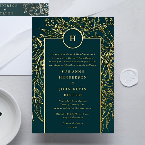 Monogram Customizable Emerald Green Wreath Wedding Foil Invitation