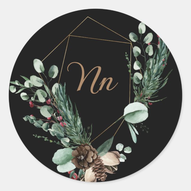 Monogram customizable gold frame green branch  classic round sticker (Front)