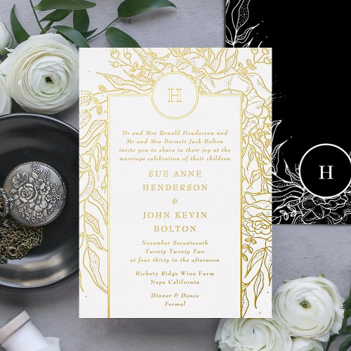 Monogram Customizable Real Gold Wreath Wedding Foil Invitation
