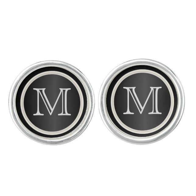 Monogram Customize White Gold and Black Design Cufflinks (Front)