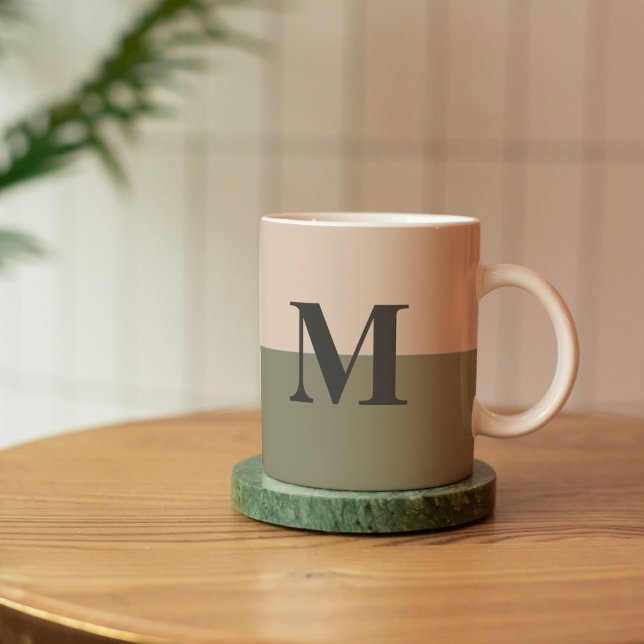 Monogram Customized Blush Pink Sage Green Coffee Mug (Pink and Sage Green Monogram Mug)