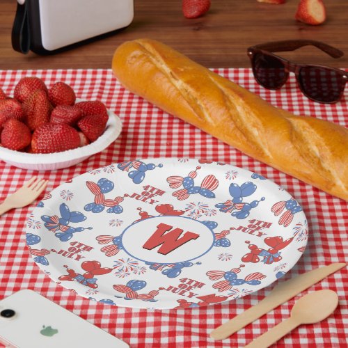 Monogram Cute 4th of July Balloon Dogs Paper Plates