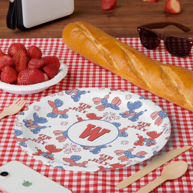 Monogram Cute 4th of July Balloon Dogs Paper Plates (Picnic)