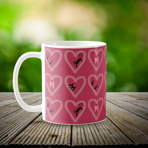 Monogram Cute Black Cat Hearts Valentines Day Coff Coffee Mug