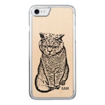 Monogram. Cute Black Hand Drawn Cat. Carved iPhone 8/7 Case