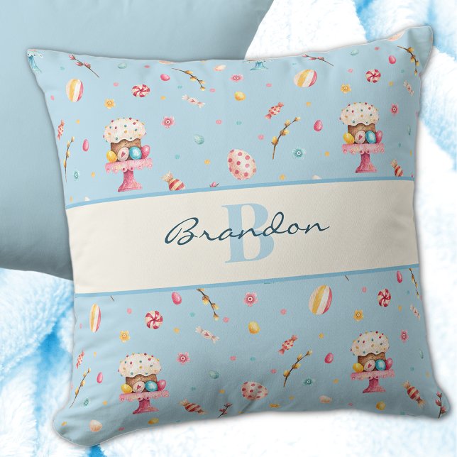 Monogram, Cute Blue Happy Easter 16x16 Throw Pillow (Creator Uploaded)