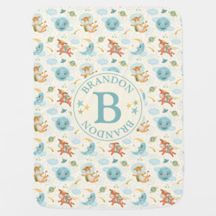 Monogram Cute Blue Over the Moon Boy Baby Blanket