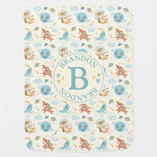 Monogram Cute Blue Over the Moon Boy Baby Blanket