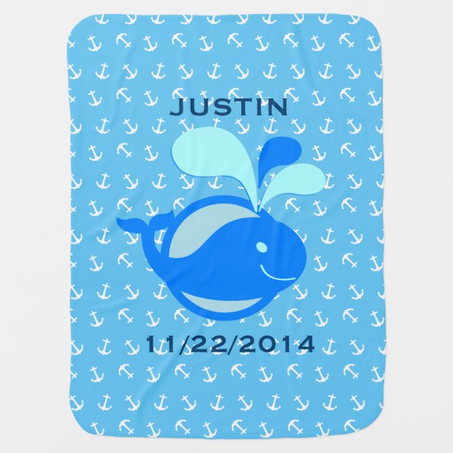 Monogram Cute Blue Whale Anchor Pattern Baby Boy Receiving Blanket (Front)