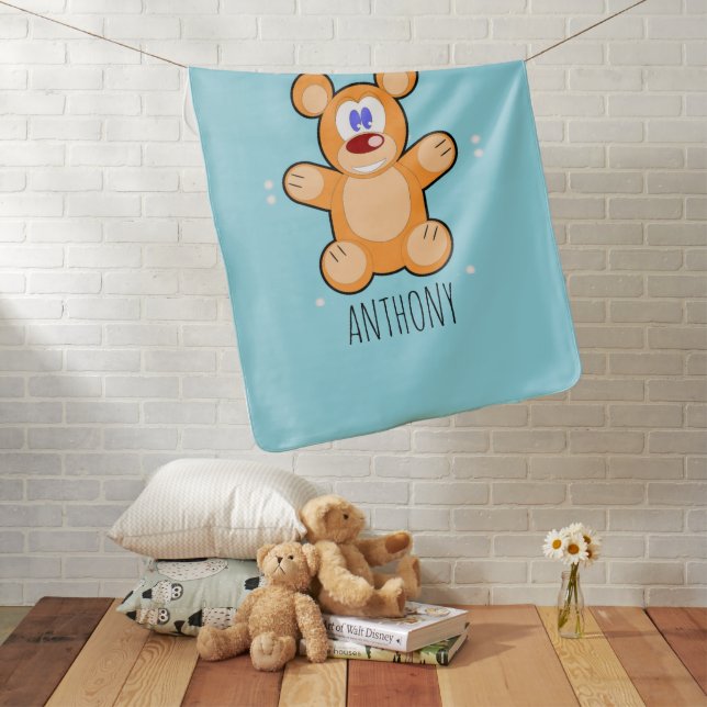 Monogram cute brown teddy bear on blue baby blanket (In Situ)