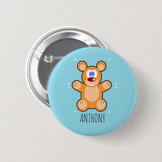 Monogram cute brown teddy bear on blue button (Front & Back)