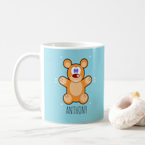 Monogram cute brown teddy bear on blue coffee mug