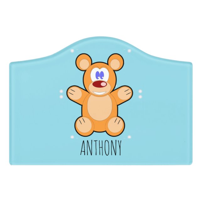 Monogram cute brown teddy bear on blue door sign (Small Crest Front)