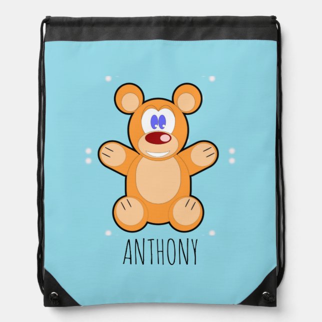 Monogram cute brown teddy bear on blue drawstring bag (Front)