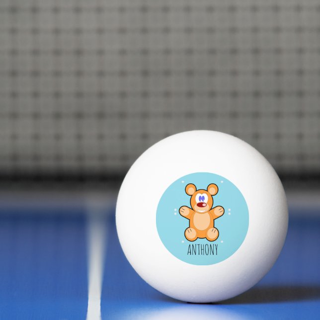 Monogram cute brown teddy bear on blue ping pong ball (Net)