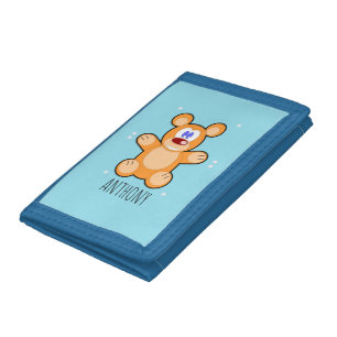 Monogram cute brown teddy bear on blue tri-fold wallet