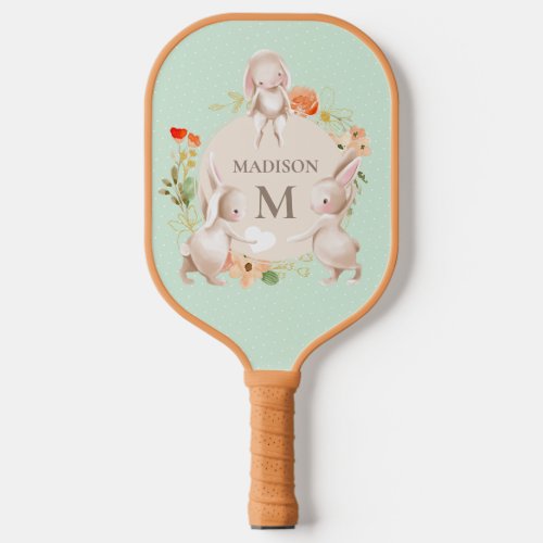 Monogram Cute Bunny Rabbits Floral Personalized Pickleball Paddle