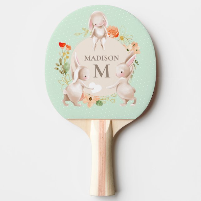 Monogram Cute Bunny Rabbits Floral Personalized Ping Pong Paddle (Front)