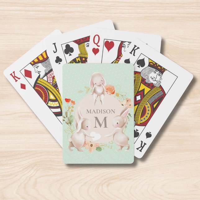 Monogram Cute Bunny Rabbits Floral Personalized Poker Cards (Creator Uploaded)