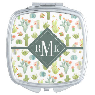 Monogram Cute Cactus Standing Pattern Compact Mirror