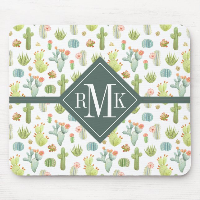Monogram | Cute Cactus Standing Pattern Mouse Pad (Front)