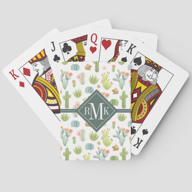Monogram | Cute Cactus Standing Pattern Poker Cards (Back)