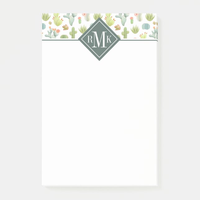 Monogram | Cute Cactus Standing Pattern Post-it Notes (Front)