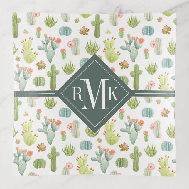 Monogram | Cute Cactus Standing Pattern Trinket Tray (Front)