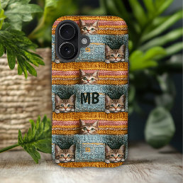 Monogram Cute Cats Knitted Girly Personalized iPhone 16 Case