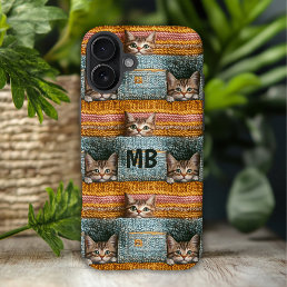 Monogram Cute Cats Knitted Girly Personalized iPhone 16 Plus Case