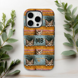 Monogram Cute Cats Knitted Girly Personalized iPhone 16 Pro Case