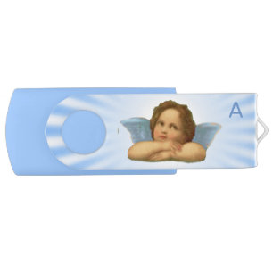 Monogram & cute cherub on light blue & white rays flash drive
