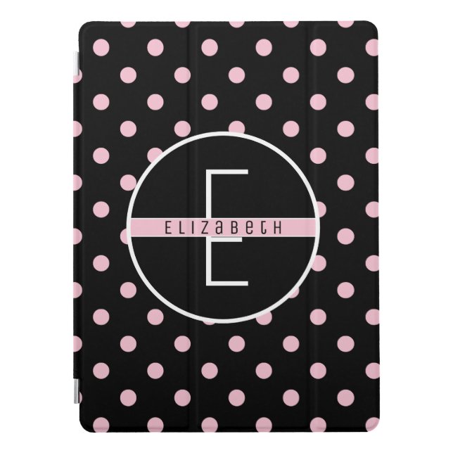 Monogram | Cute & Chic Pink Polka Dot on Black iPad Pro Cover (Front)