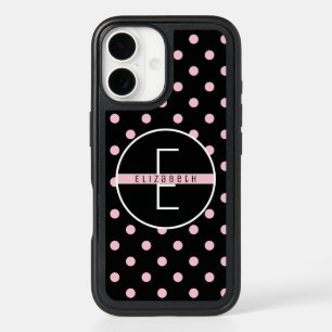 Monogram Cute & Chic Pink Polka Dot on Black iPhone 16 Case