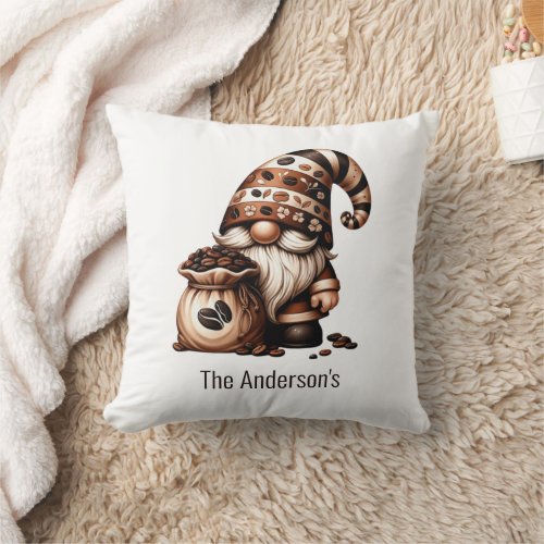 Monogram Cute Coffee Gnome Brown White Gift Throw Pillow