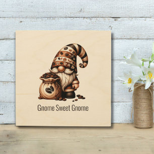 Monogram Cute Coffee Gnome Brown White Gift Wood Wall Art