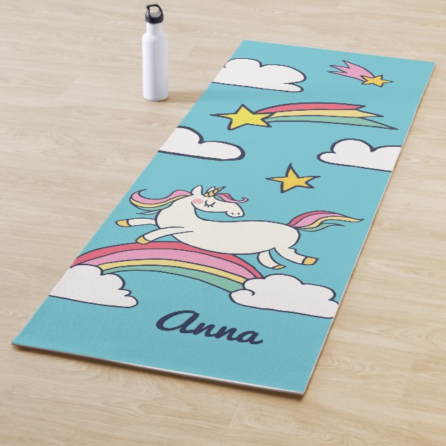 Monogram. Cute Doodle Rainbow Unicorn Stars Clouds Yoga Mat (In Situ)