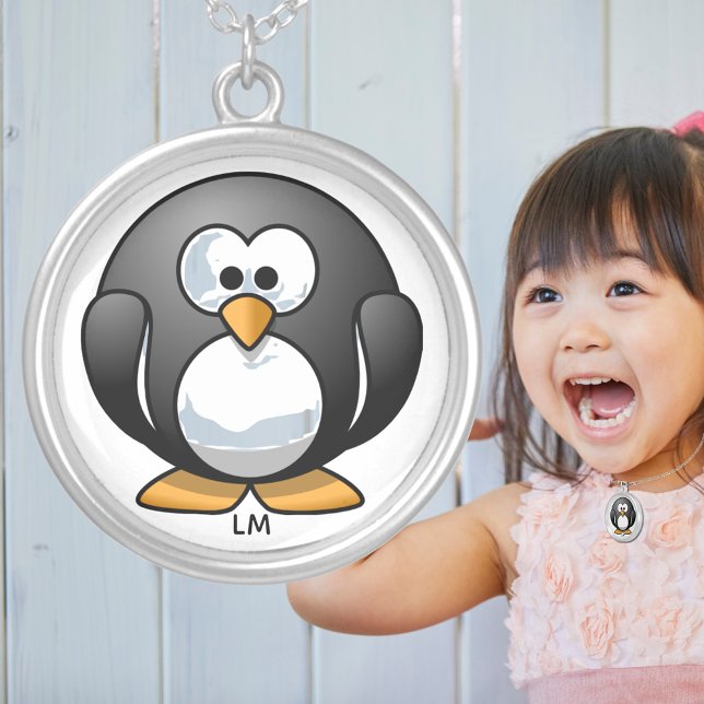 Monogram Cute Fat Penguin Cartoon Adorable Animal Silver Plated Necklace (Monogram Cute Fat Penguin Cartoon Adorable Animal Silver Plated Necklace)