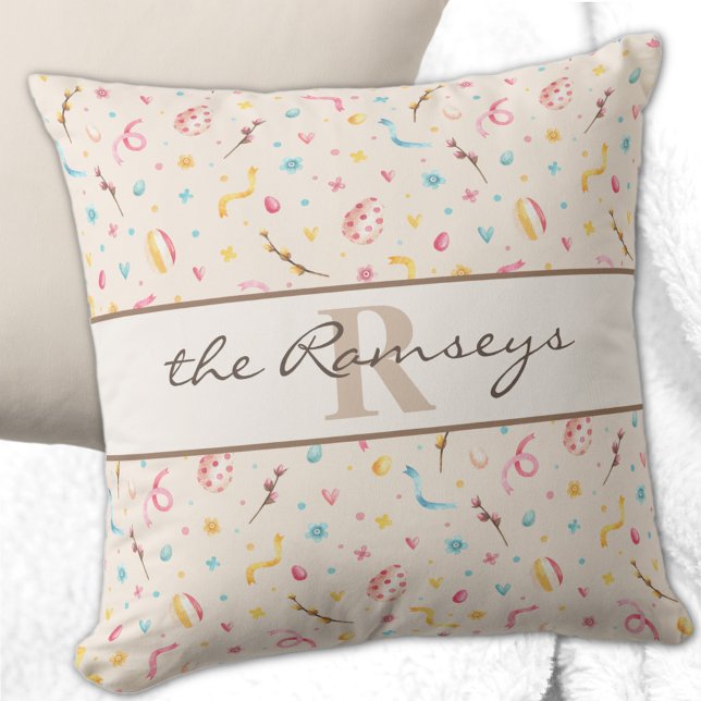 Monogram, Cute Festive Happy Easter 16x16 Throw Pillow (Creator Uploaded)