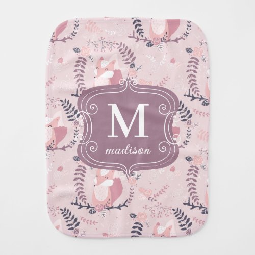 Monogram Cute Foxes Pink Modern Adorable Girly Baby Burp Cloth