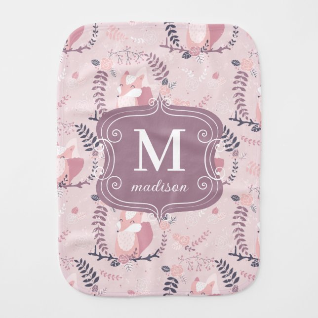 Monogram Cute Foxes Pink Modern Adorable Girly Baby Burp Cloth (Front)