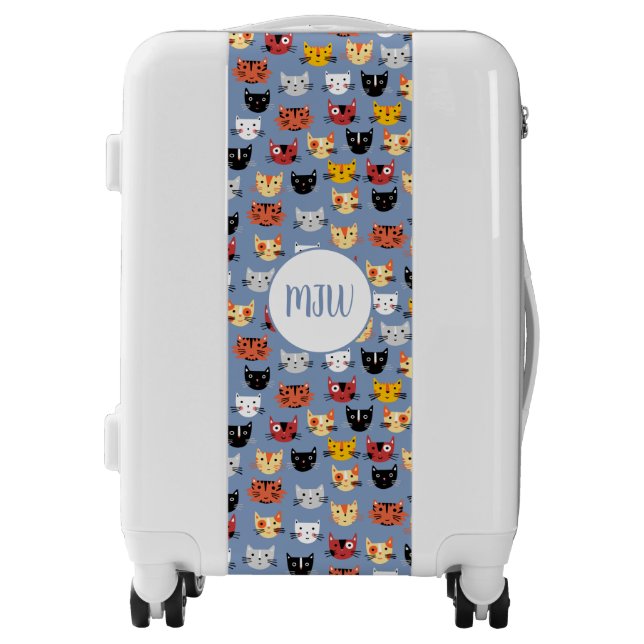 Monogram Cute Funny Kitty Cat Faces Pattern Blue Luggage (Front)