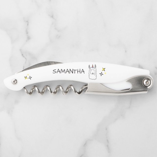 Monogram Cute Funny Unicorn Alpaca Llama Waiter's Corkscrew (Back)