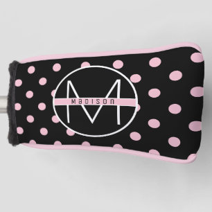Monogram Cute Girly Pink Polka Dot on Black Golf Head Cover