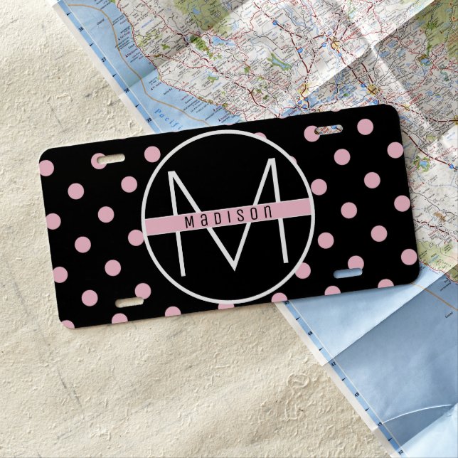 Monogram | Cute & Girly Pink Polka Dots on Black License Plate (In Situ)